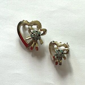 Vintage Sweater Pins Gold Heart Earrings with Blue Floral Accent